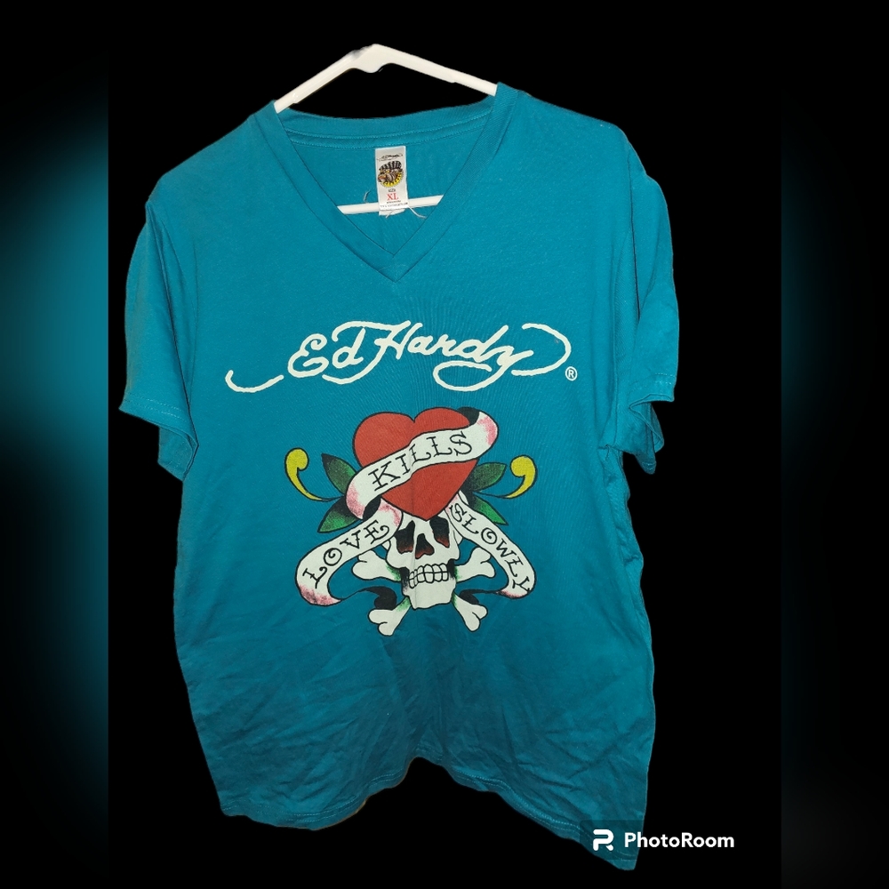 💘 ED HARDY Womens XL Shirt V Neck Love Kills Slowly